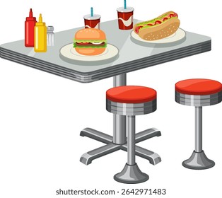 Vector illustration of a retro diner setup with a burger, hot dog, and drinks on a table