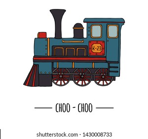 Vector illustration of retro engine. Vintage train clip art isolated on white background. Cartoon style picture of old means of transport for children