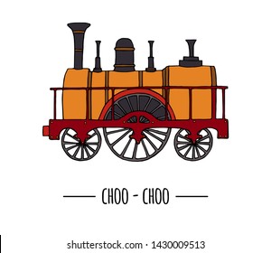 Vector illustration of retro engine. Vintage train clip art isolated on white background. Cartoon style picture of old means of transport for children
