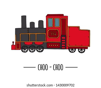 Vector illustration of retro engine. Vintage train clip art isolated on white background. Cartoon style picture of old means of transport for children