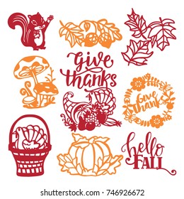A vector illustration of retro fall harvest happy thanksgiving phrase with cornucopia, fall leaves, turkey and more.