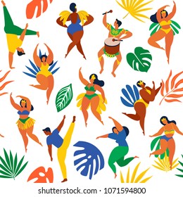 Vector illustration in retro flat style carnival girls, women and men young people. Seamless pattern Brazilian samba dancers, capoeira, drummer. Design tropic bright leaves.