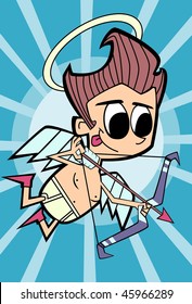 Vector illustration in retro flat style: mischievous cupid is going to strike somebody's heart.