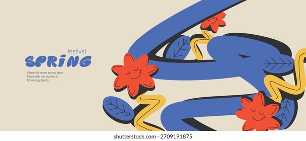 Vector illustration. Retro floral background, groovy style, spring blossom. Cover, banner.