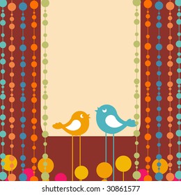 Vector Illustration of retro Flowery design greeting card with two retro-style birds