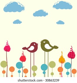 Vector Illustration of retro Flowery design greeting card with group of retro-style birds