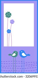 Vector Illustration of retro Flowery design greeting card with two retro-style birds