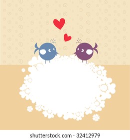 Vector Illustration of retro Flowery design greeting card with two retro-style birds