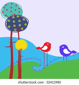 Vector Illustration of retro Flowery design greeting card with two of retro-style birds