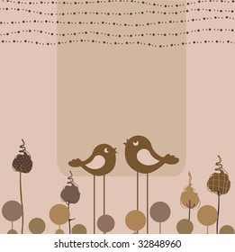 Vector Illustration of retro Flowery design greeting card with two retro-style birds