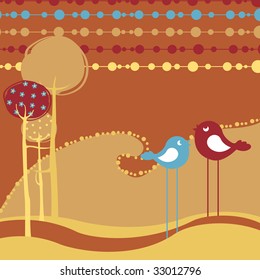 Vector Illustration of retro Flowery design greeting card with two of retro-style birds