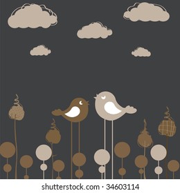 Vector Illustration of retro Flowery design greeting card with group of retro-style birds