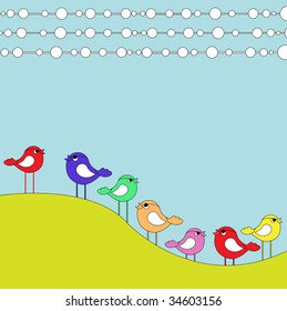 Vector Illustration of retro Flowery design greeting card with retro-style birds