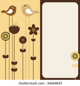 Vector Illustration of retro Flowery design greeting card with two of retro-style birds