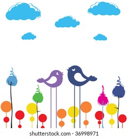 Vector Illustration of retro Flowery design greeting card with group of retro-style birds