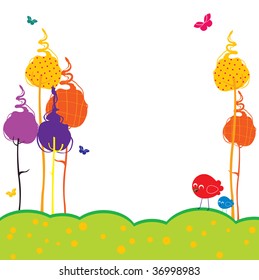 Vector Illustration of retro Flowery design greeting card with two retro-style birds