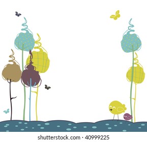 Vector Illustration of retro Flowery design greeting card with two retro-style birds