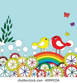 Vector Illustration of retro Flowery design greeting card with two of retro-style birds