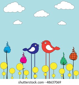 Vector Illustration of retro Flowery design greeting card with two retro-style birds