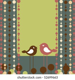 Vector Illustration of retro Flowery design greeting card with two retro-style birds