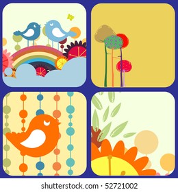 Vector Illustration of retro Flowery design greeting cards with birds, rainbow and trees.