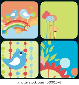 Vector Illustration of retro Flowery design greeting cards with birds, rainbow and trees