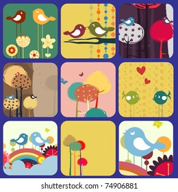 Vector Illustration of retro Flowery design greeting cards with birds, rainbow and trees.