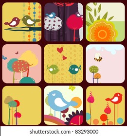 Vector Illustration of retro Flowery design greeting cards with birds, rainbow and trees.