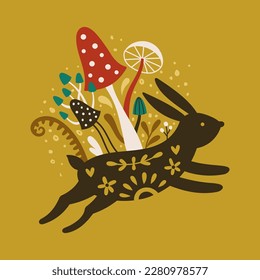 vector illustration  in retro folk scandinavian style, a jumpinh rabbit with mushrooms on the back