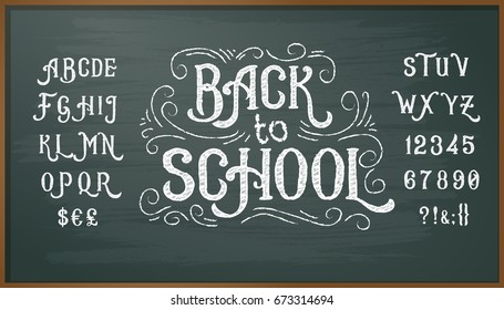 Vector illustration of retro font, capital letters, numbers and symbols written in white chalk on a blackboard. Template, design element for a signboard, advertising