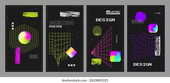 Vector illustration. Retro futuristic concept background set with twisted grid and brush stroke. Design elements for flyer, leaflet, voucher, vertical background. Y2k style with neon color shapes
