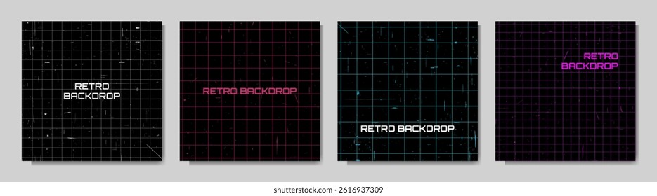 Vector illustration. Retro futuristic grid pattern with scratched texture background. Set of y2k style backdrops. Design elements for social media, blog post, web banner, square marketing template