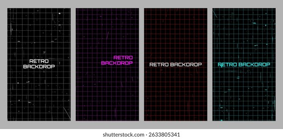 Ilustración vectorial. Patrón de cuadrícula futurista retro con fondo de textura rayada. Conjunto de fondos de neón estilo y2k. Elementos de diseño para flyer, folleto, voucher, fondo de Vertical, anuncio