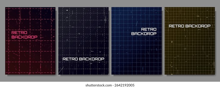 Vector illustration. Retro futuristic grid pattern with scratched texture background. Set of y2k style backdrops. Design elements for poster, cover, gift card, flyer, social media, marketing, ad