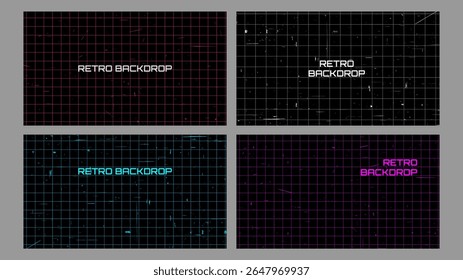 Ilustración vectorial. Patrón de cuadrícula futurista retro con fondo de textura rayada. Conjunto de fondos de neón estilo y2k. Diseño para el Anuncio del Web, Plantilla de la presentación, Fondo de pantalla Horizontal