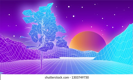Vector illustration of a retro futuristic landscape with light grid. Silhouette of the low poly tree on the background of the starry sky and big alien moon. Creative poster in the style of the 80s.