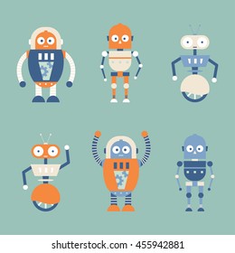 Vector illustration, retro futuristic robots clip art
