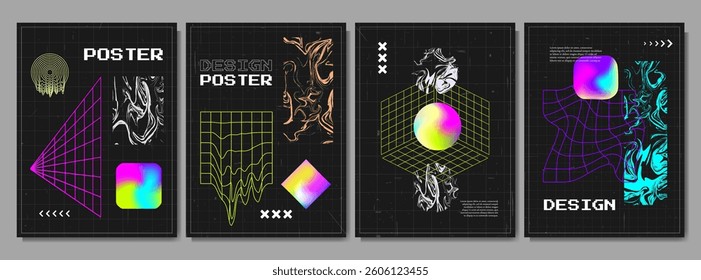 Vector illustration. Retro futuristic style background set with twisted grid and marbled shape. Design element for poster, book or magazine cover, layout, flyer. Y2k concept with neon colors