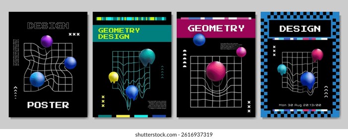 Vector illustration. Retro futuristic style background. 3d melted sphere composition on twisted grid. Design elements for social media template, web banner, blog post. 90s, 00s retro tech graphic