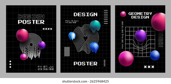 Vector illustration. Retro futuristic style background set with twisted outline shapes. Design element for poster, book or magazine cover, layout, flyer. Y2k concept with color 3d spheres