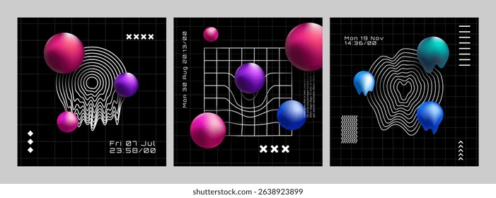 Vector illustration. Retro futuristic style wallpapers set with twisted outline shapes. Design elements for social media template, web banner, blog post background. Y2k concept with color 3d spheres