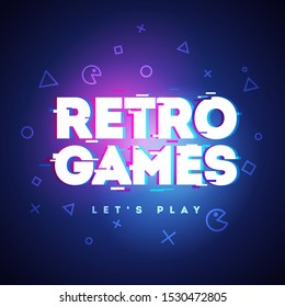 Vector Illustration Retro Games Neon Sign. Game Logo With Glitch Effect.