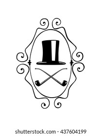 Vector illustration of retro gentleman attributes - a cylinder and crossed tobacco pipes - in vintage oval frame. Ink drawing, graphic style. Gentleman emblem design.