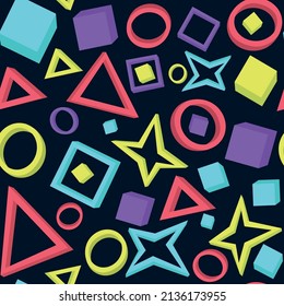 Vector illustration of a retro geometric 3d flat colorful seamless pattern with cubes, circles, triangles, squares and stars.