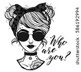 Vector illustration. Retro girl with glasses and tattoos,lettering. Handmade, prints on T-shirts, tattoos, background white