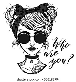 Vector illustration. Retro girl with glasses and tattoos,lettering. Handmade, prints on T-shirts, tattoos, background white