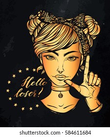Vector illustration. Retro girl with hand gesture, Loser. Handmade, prints on T-shirts, tattoos,gold color, background chalkboard