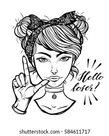 Vector illustration. Retro girl with hand gesture, Loser. Handmade, prints on T-shirts, tattoos, background white