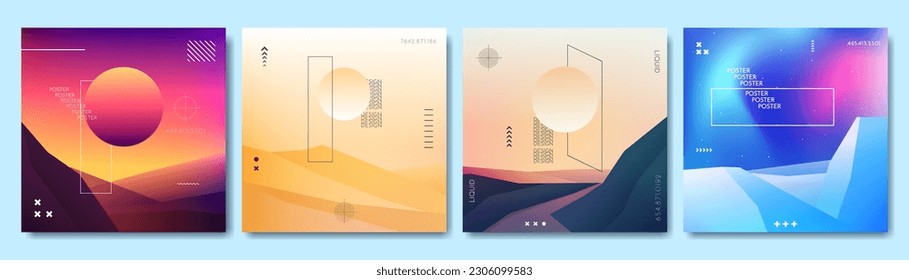Vector illustration. Retro gradient colorful concet. Evening sunset scene, desert hills, road by mountains. Flat triangle landscapes. Color backgrounds set. Design for web banner, website template