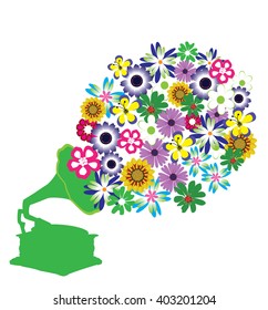 vector illustration of a retro gramophone with flowers